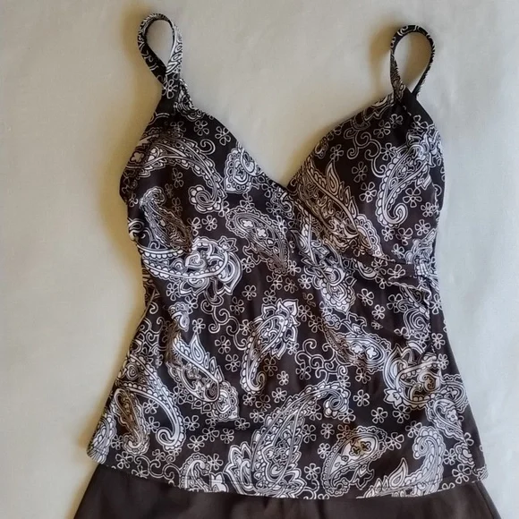 *50off3* Jantzen Tankini Set Top Skirted Bottoms 8 Brown White Paisley - Picture 2 of 10